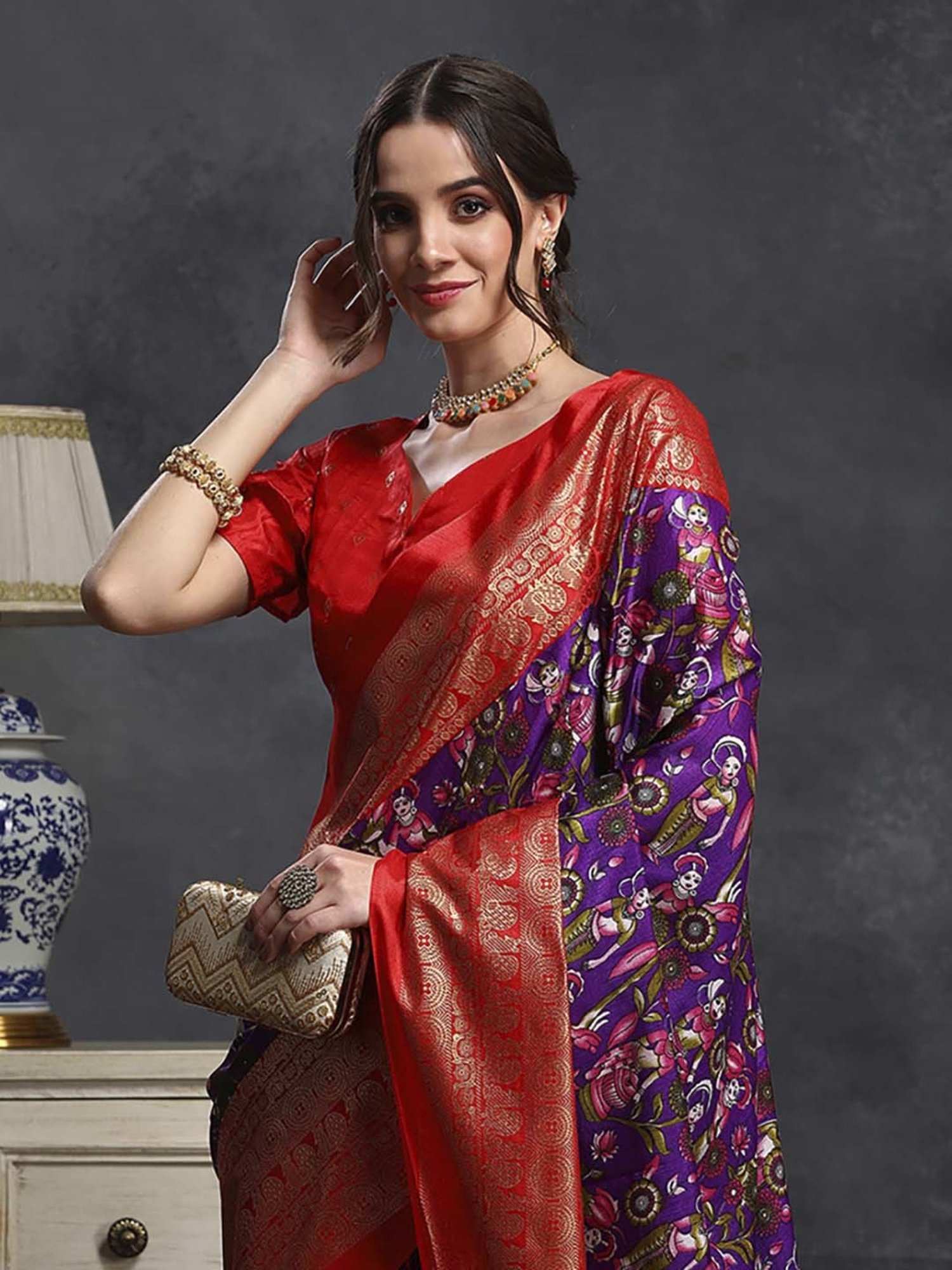 Saree Mall Purple & Red Silk Printed Saree With Unstitched Blouse
