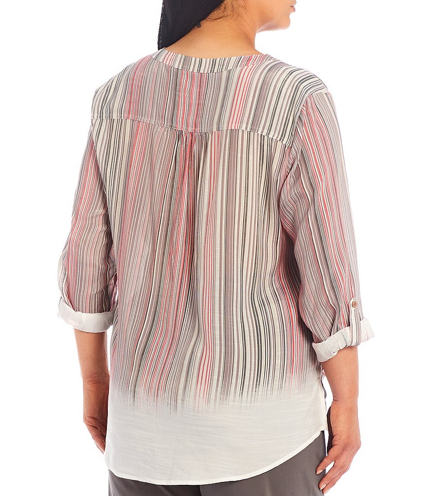 Multiples Plus Size Ombre Stripe Print Texture Woven Split Round Neck Roll-Tab Long Sleeve Button Down Tie-Front Top