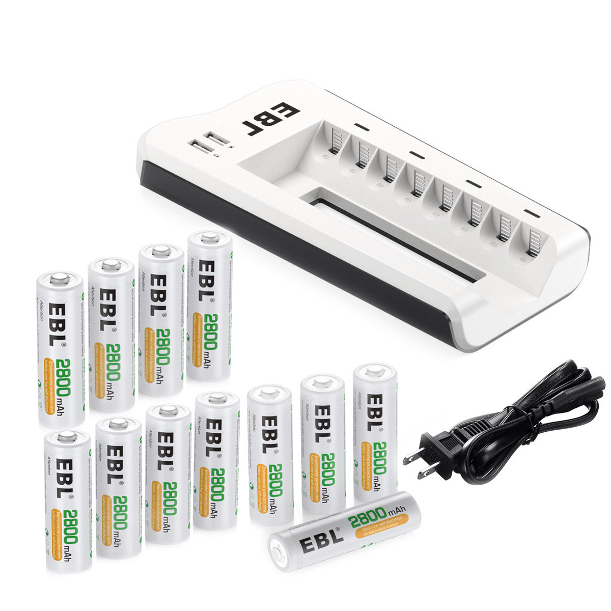 EBL 12 Pack 2800mAh 1.2V AA Rechargeable Battery +  808U Battery Charger for AA/AAA Batteries with Dual USB Charging Ports