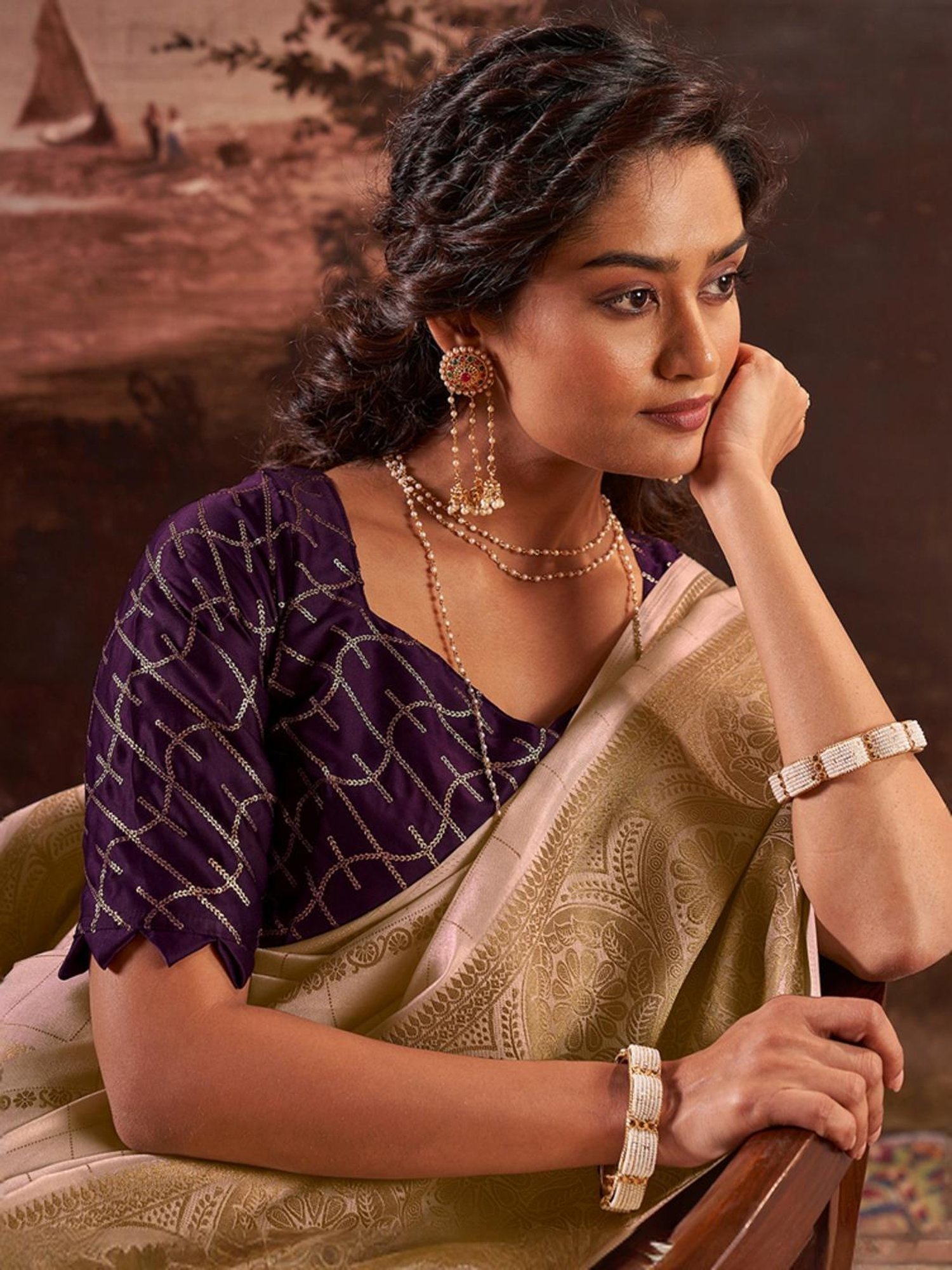 Satrani Beige Woven Saree With Unstitched Blouse