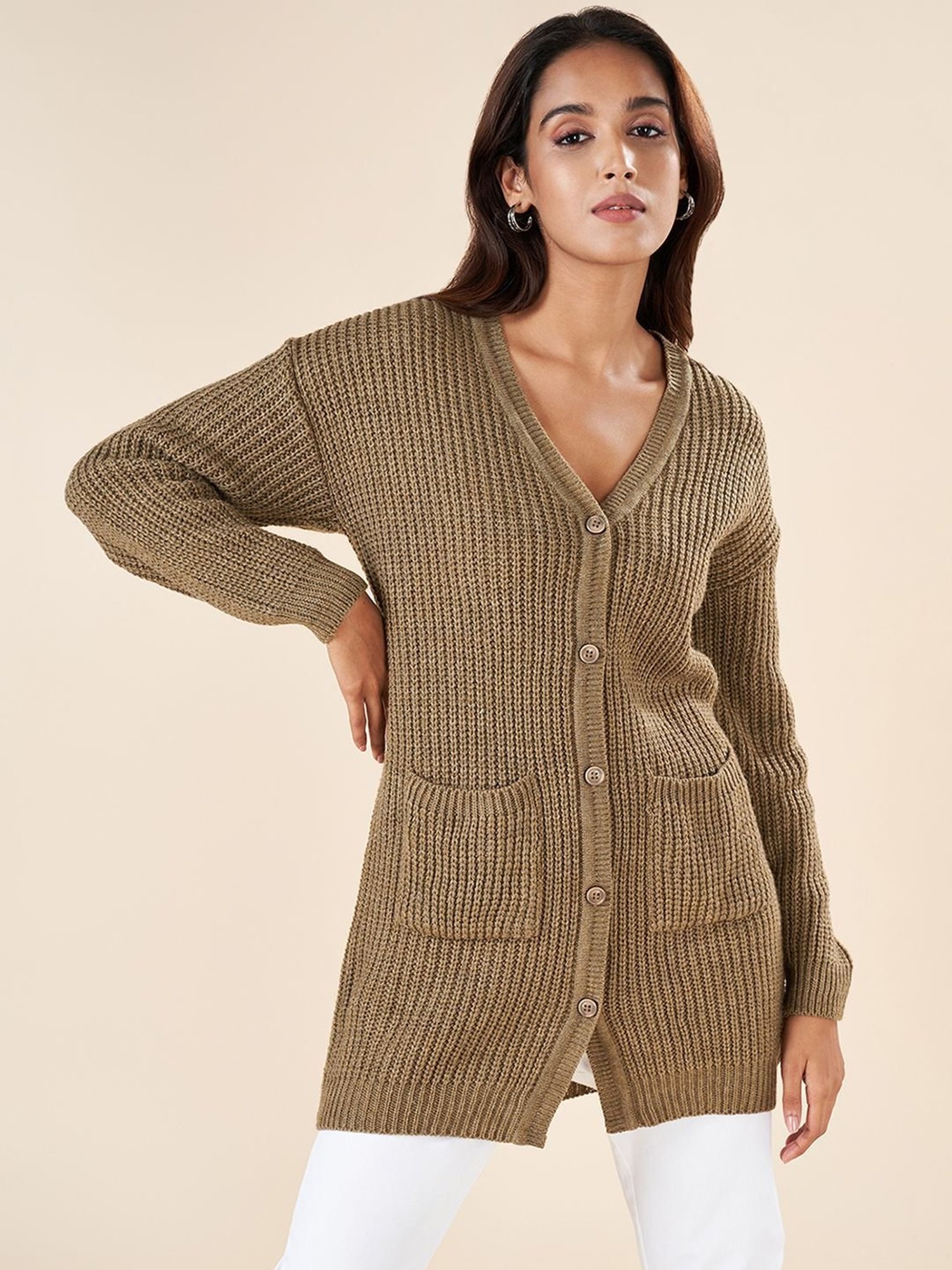 Akkriti by Pantaloons Beige Crochet Pattern Cardigan