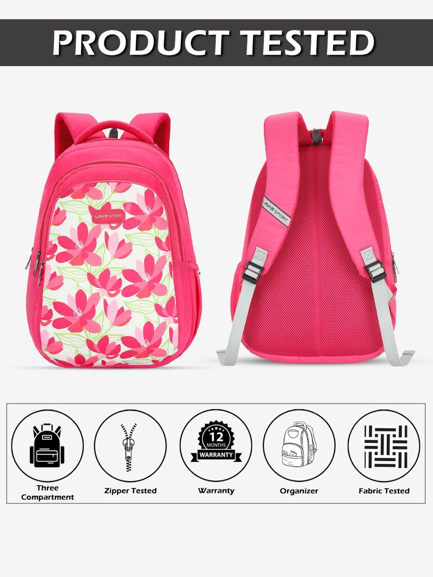 Lavie Sport Carolina Magenta Polyester Printed Laptop Backpack - 26 Ltrs