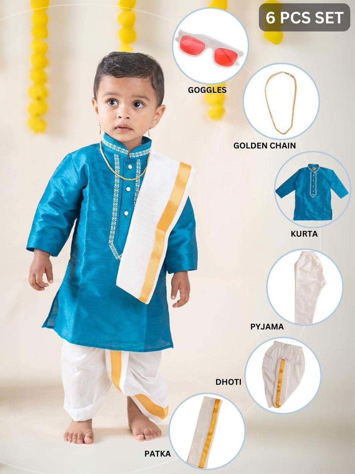 Baby Moo Kids Turquoise Blue & White Regular Fit Full Sleeves Kurta Set