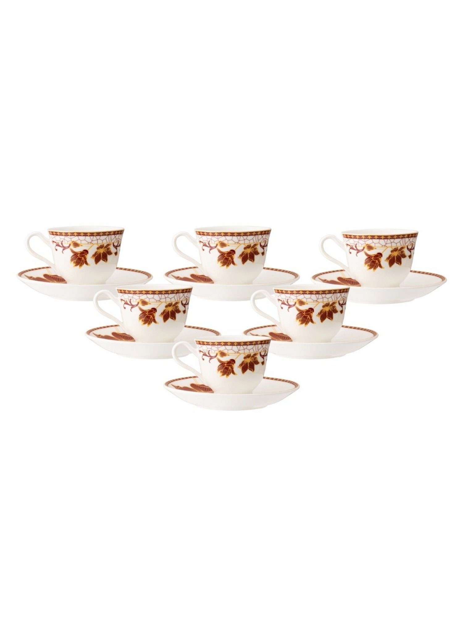 JCPL Fine Printed Maroon Ceramic Cup & Saucer 180 ml - Set of 12