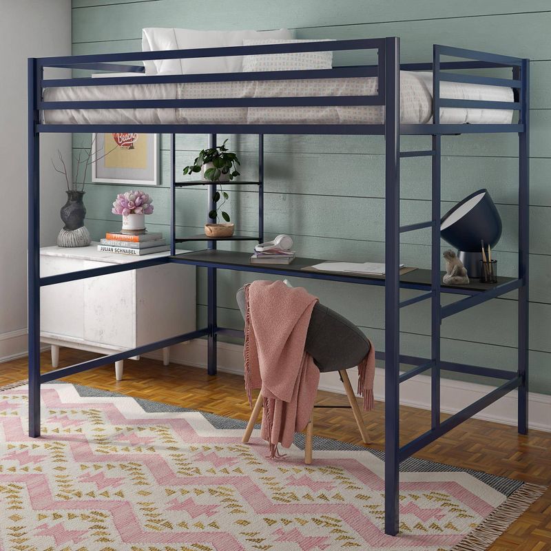 Full Maxwell Metal Loft Bed with Desk & Shelves Navy/Black - Novogratz