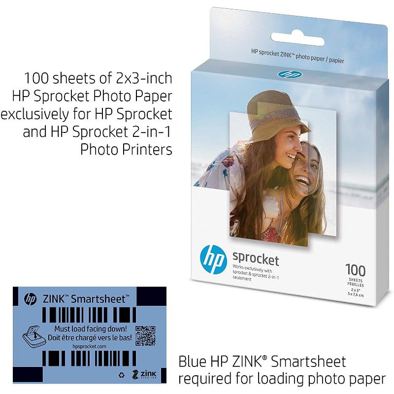 HP Sprocket 2x3" Premium Zink Sticky Back Photo Paper (100 Sheets) Compatible with HP Sprocket Photo Printers.