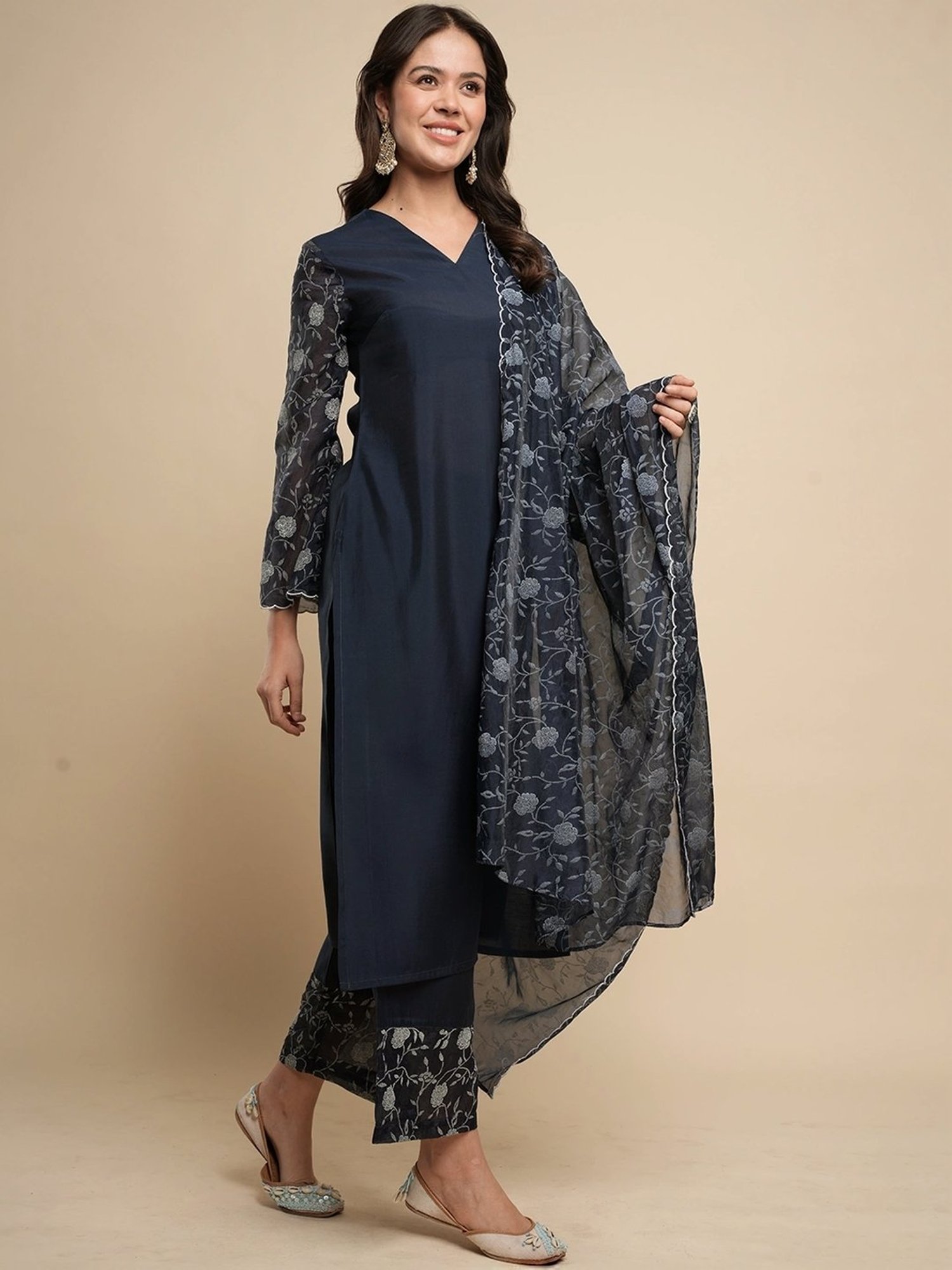 Heeposh Navy Printed Kurta Pant Set With Dupatta