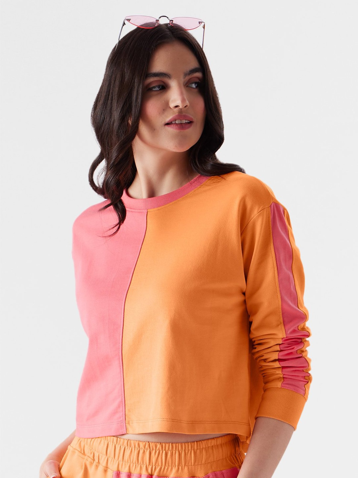 The Souled Store Orange & Pink Cotton Color-Block Crop T-Shirt