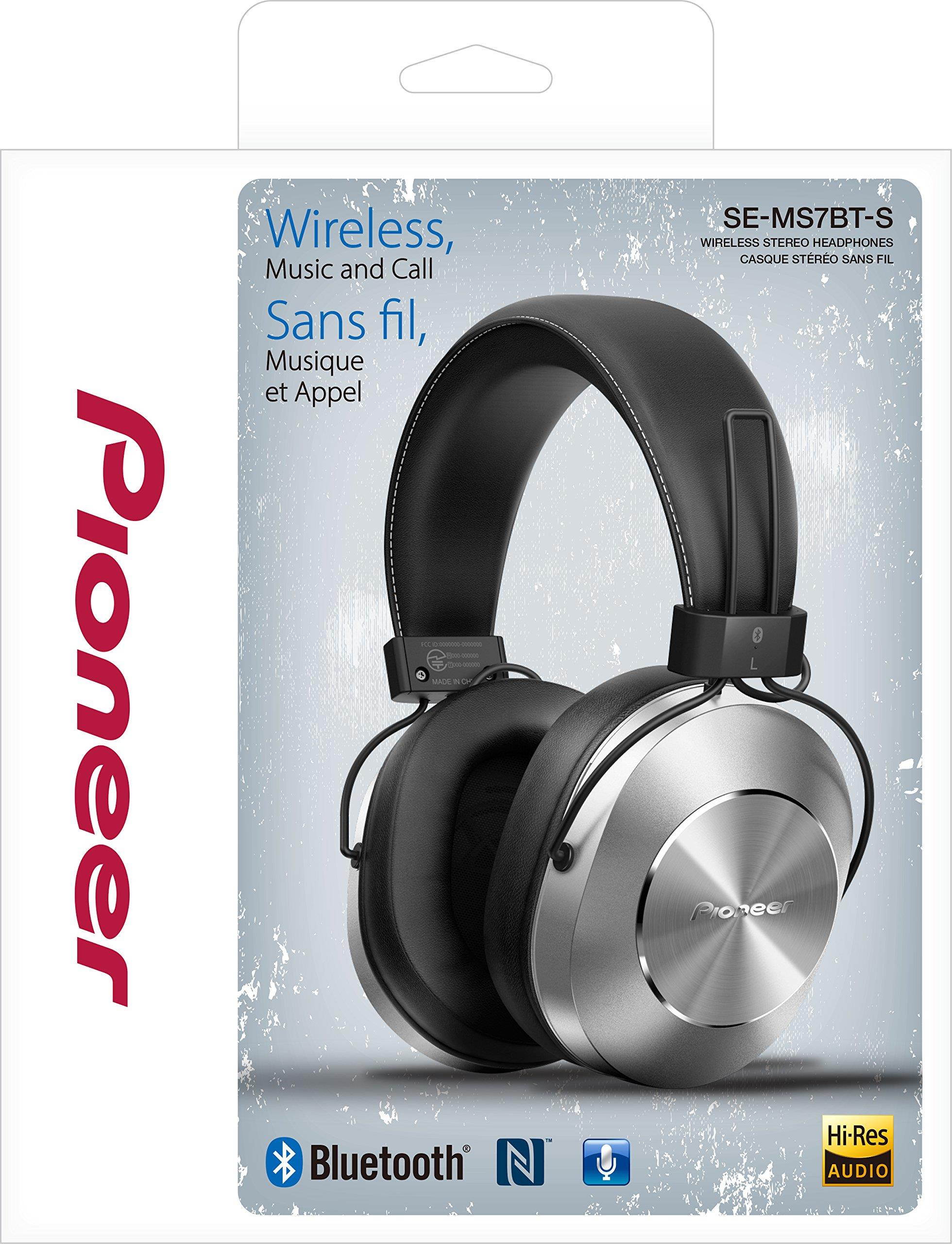 Pioneer Bluetooth 3.0 and Hi-Res Audio Over Ear Wireless/Wired Stereo Headphone with Built-In Mic, 12 Hours Battery, Pair 8 Devices, 40mm Drivers, 1.2m Cable, 9 Hz to 22 kHz, Silver (SE-MS7BT-S)