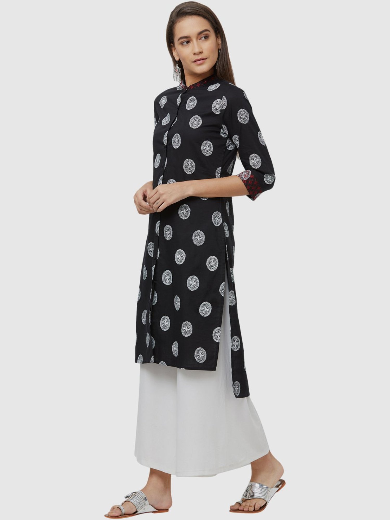 Fusion Beats Black Cotton Printed Straight Kurta