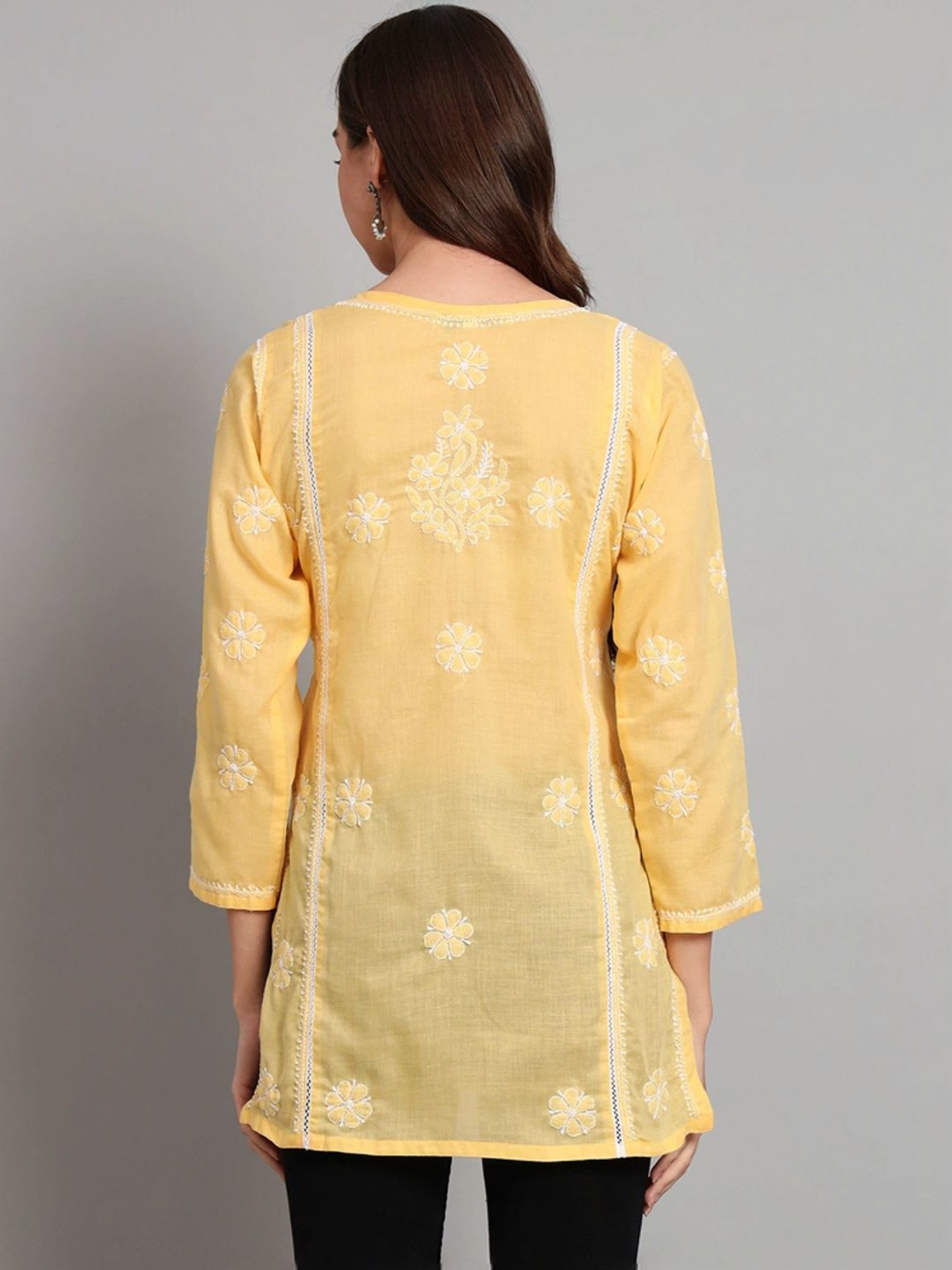 PARAMOUNT CHIKAN Citrine Yellow Cotton Hand Embroidered Chikankari Straight Kurti