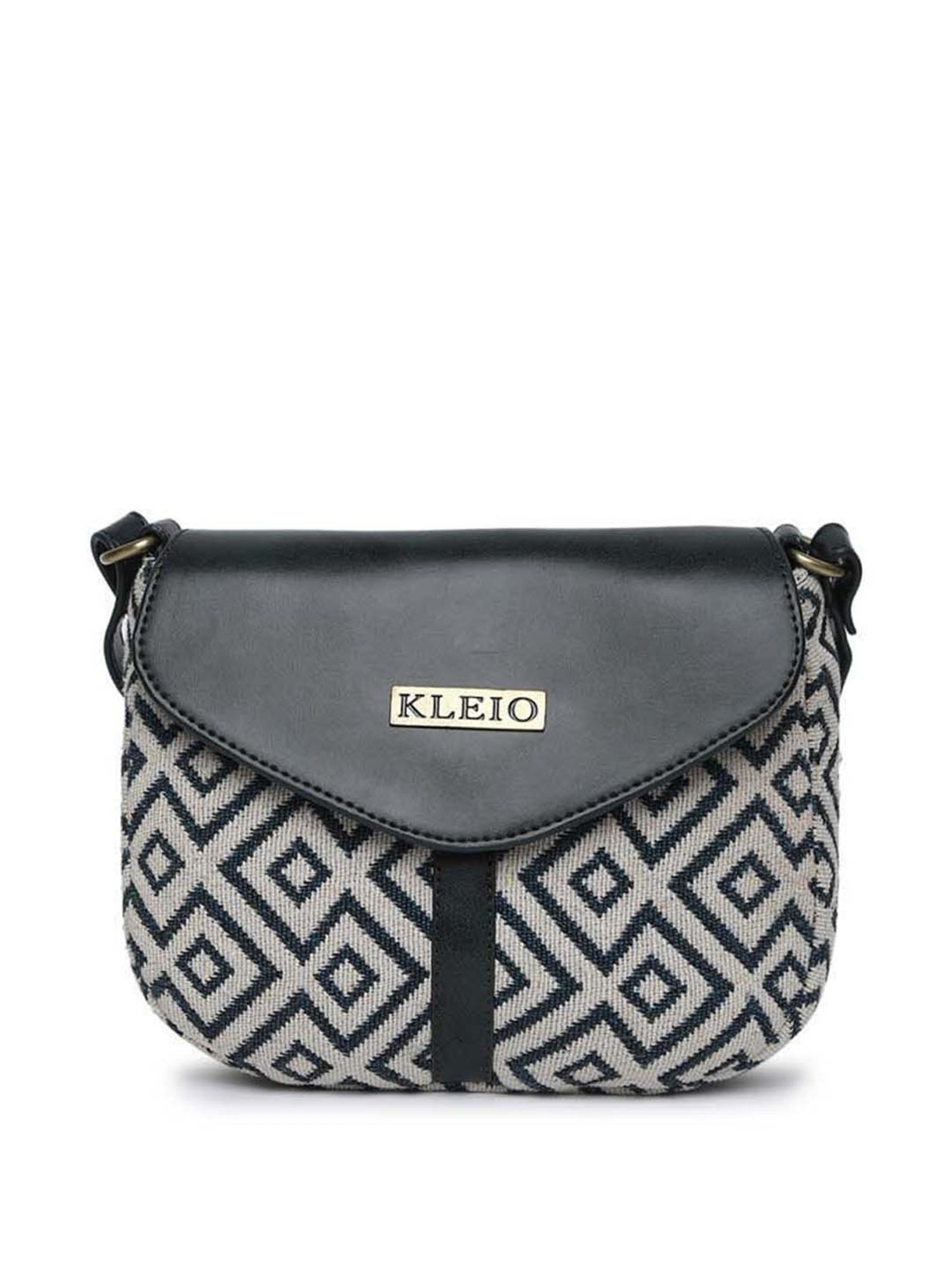 KLEIO Black & White Textured Medium Sling Handbag