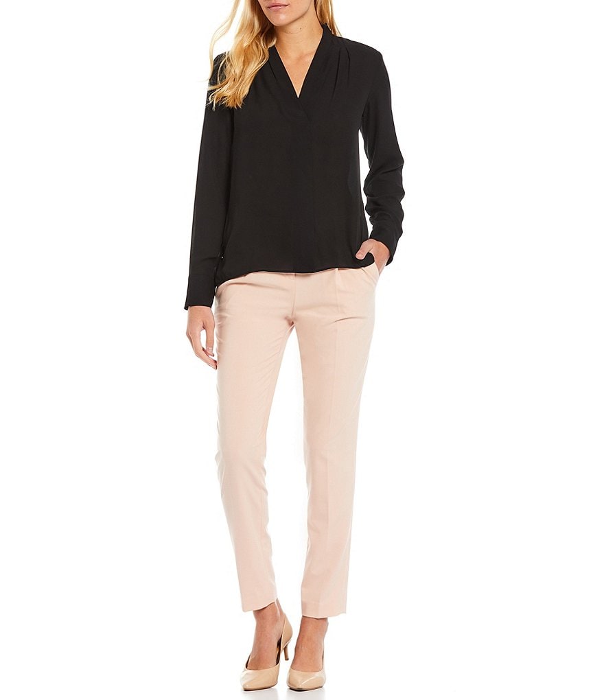Preston & York Caroline Bow Woven V-Neck 3/4 Sleeve Blouse