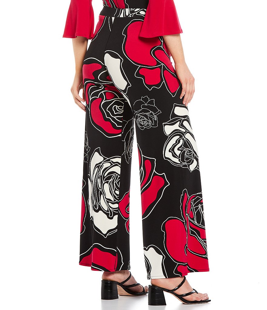 Eva Varro Sketched Rose Print Knit Wide-Leg Pull-On Pants