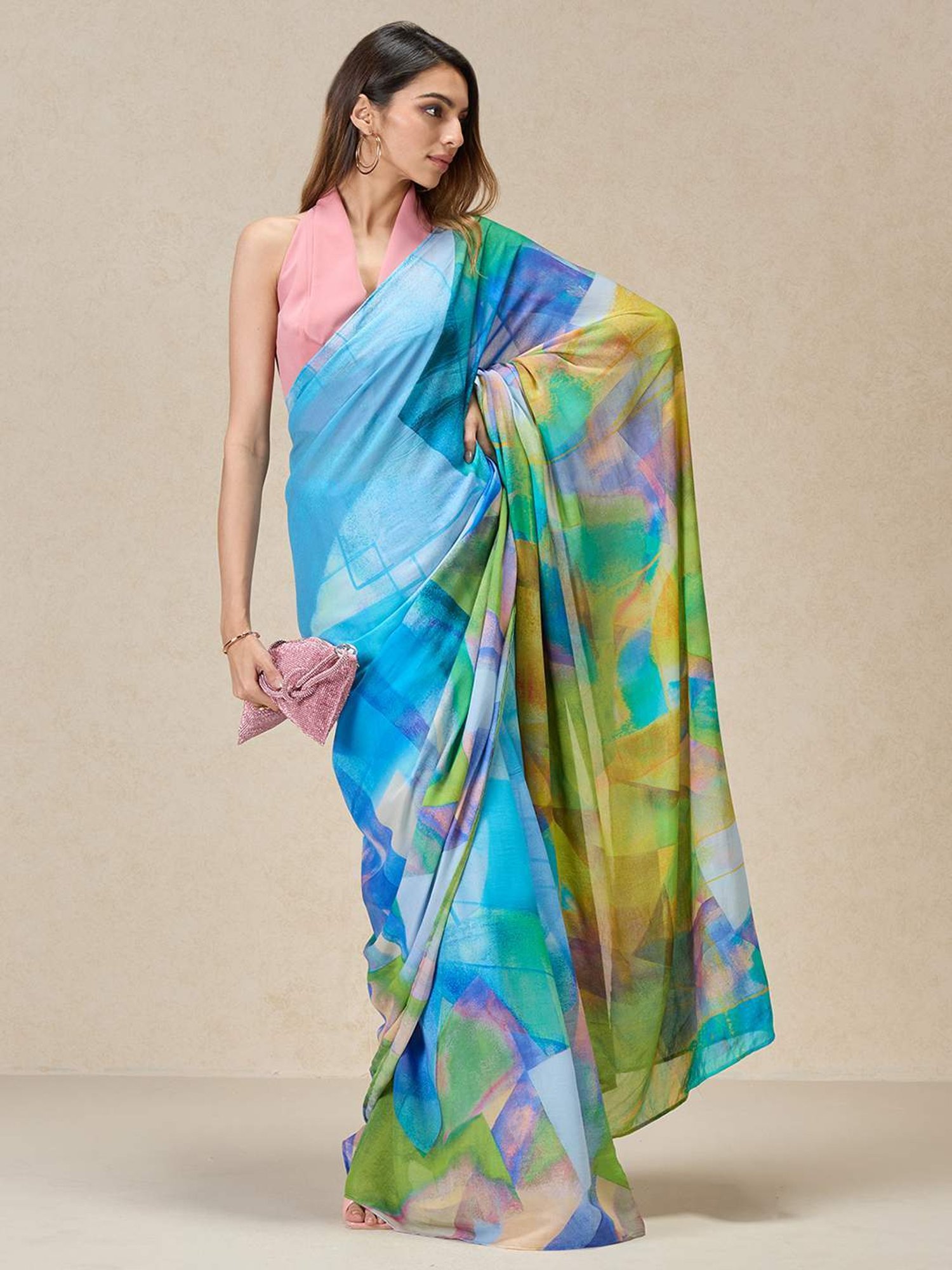 navyasa by liva Blue Printed Saree With Unstitched Blouse