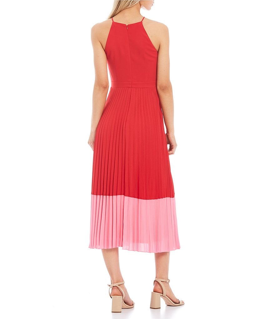 Aidan Aidan Mattox Halter Pleated Color Block Midi Dress