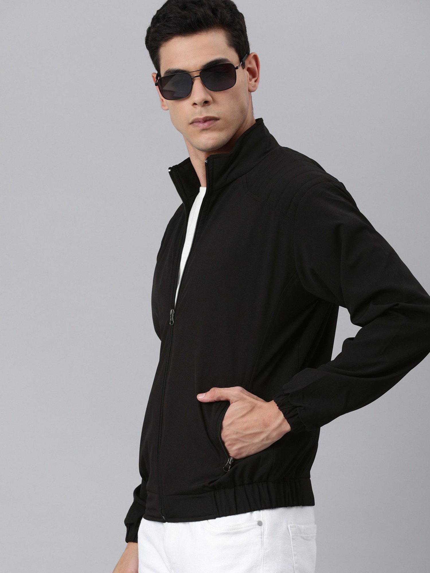 VOXATI Black Full Sleeves Mandarin Collar Jacket