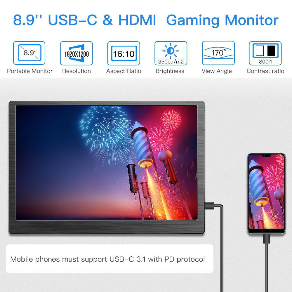 Eyoyo 8.9" inch Portable USB-C Mini Monitor 1920x1200 IPS Display w/ USB-C&HDMI Video Input compatible with MAC Laptop, Smartphone, DSLR Camera, PS4, Xbox one, Nintendo Switch, Raspberry pi