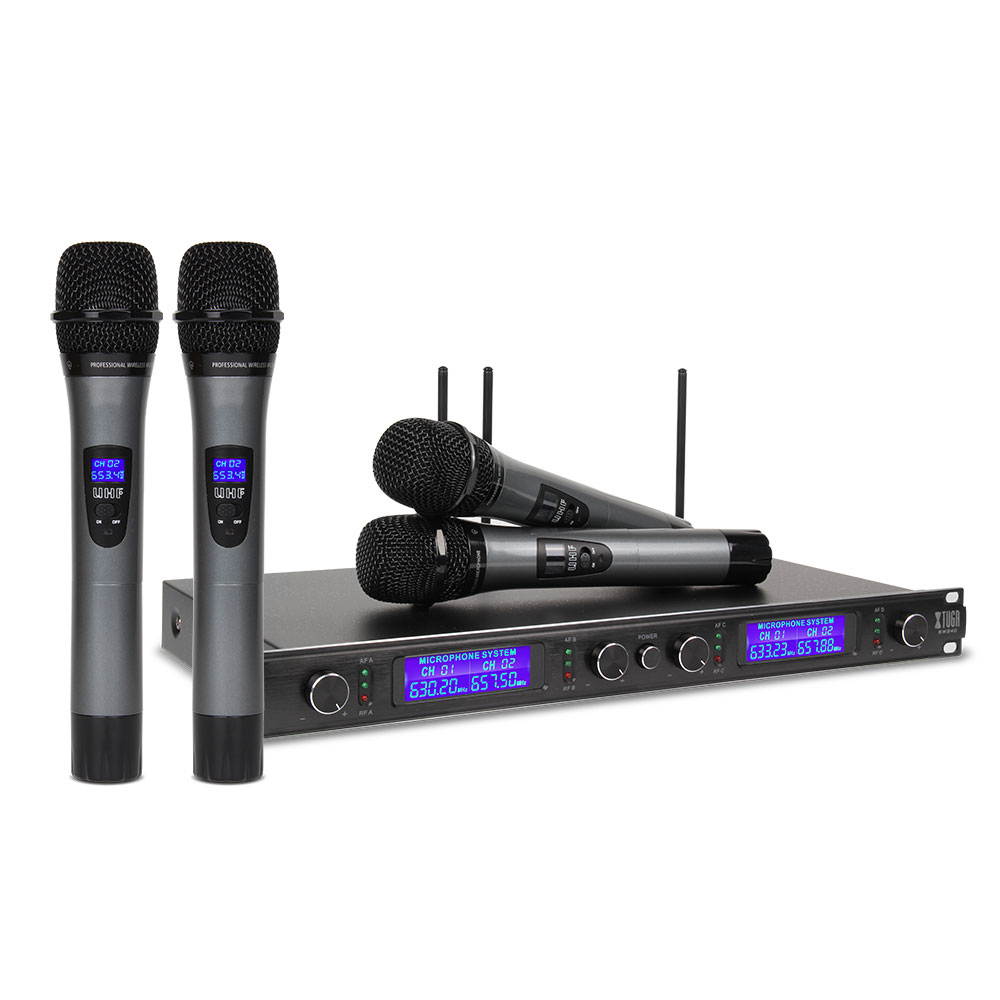 Xtuga UHF 4 Channel Wireless Handheld Microphone System UHF Wireless Microphone System metal receiver with 4 Handheld for Stage Church Use for Family Party, Church, Small Karaoke Night