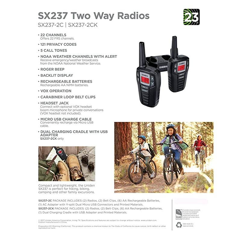 SX2372CK Up to 23Mile Range FRS TwoWay Radio Walkie Talkies with Rechargeable Batteries amp Dual Charging Cradle 22 Channels 121 Privacy Codes NOAA Weather Channels + Alerts Black