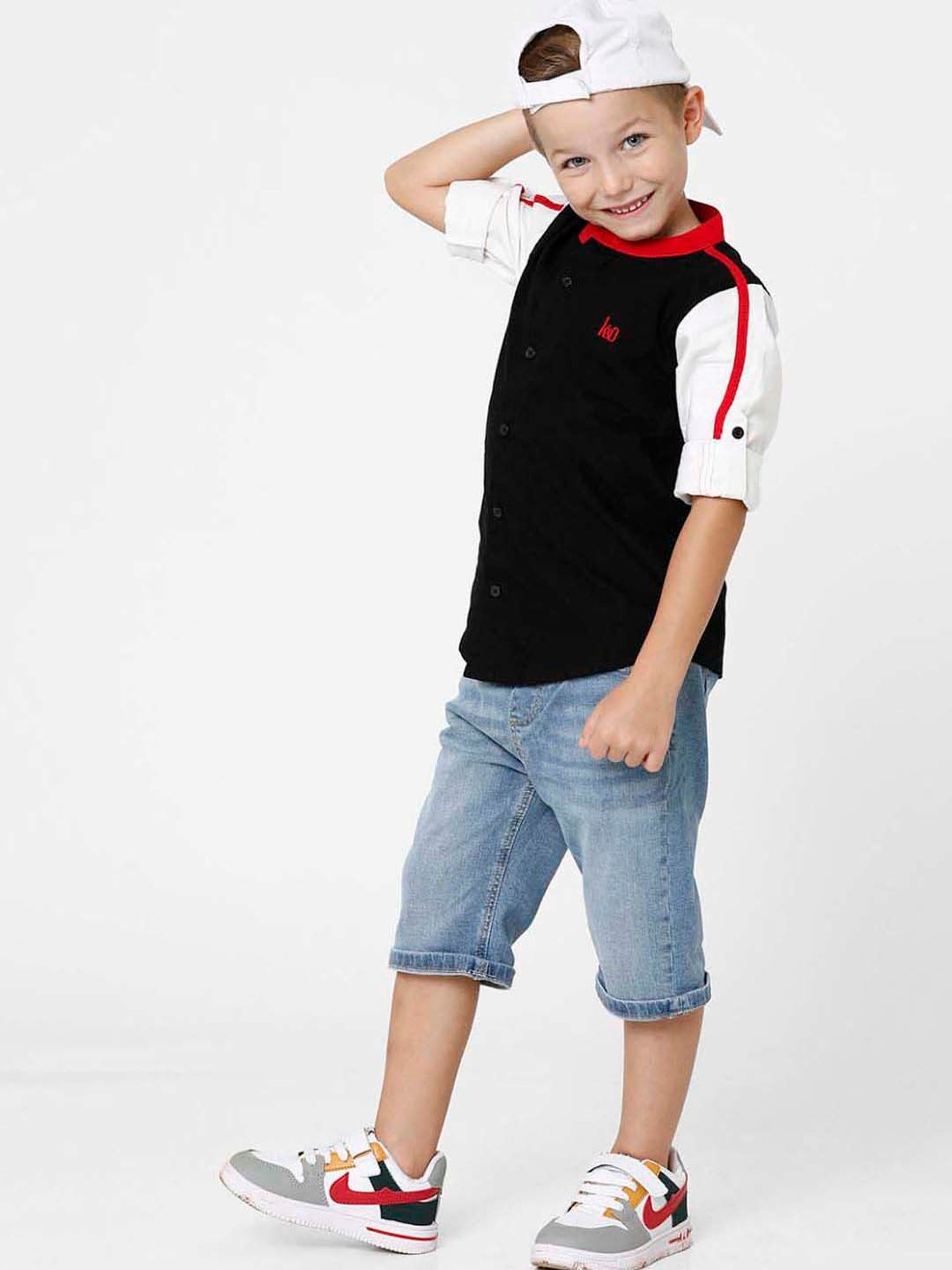 Kate & Oscar Kids Black & White Cotton Embroidered Full Sleeves Shirt