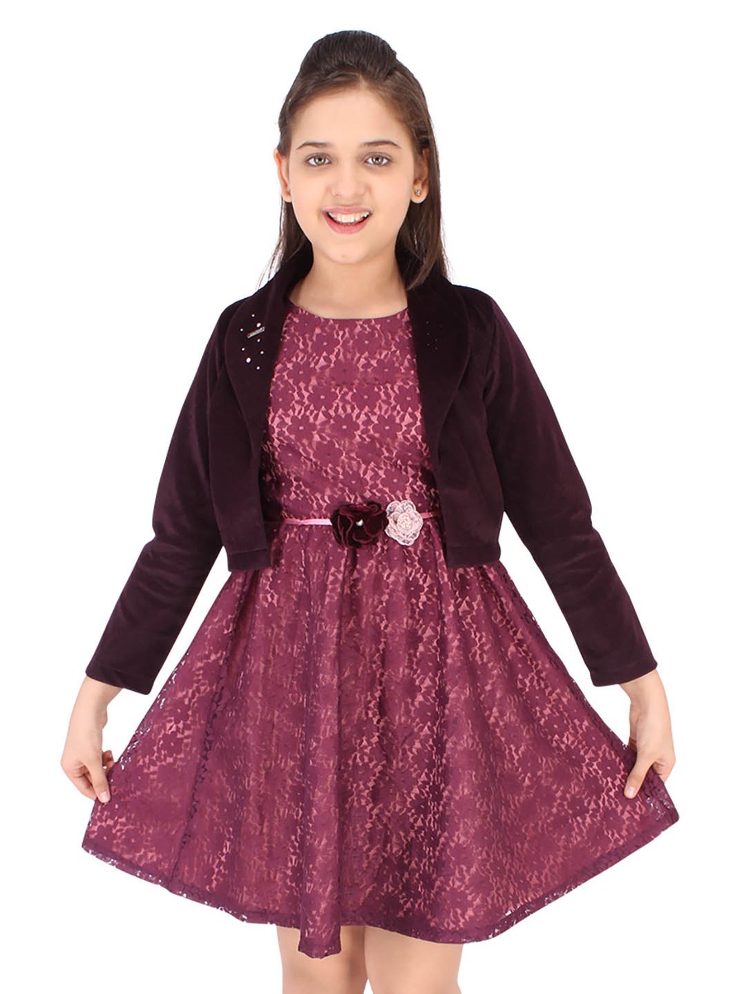 Cutecumber Kids Plum Printed Dress with Shrug