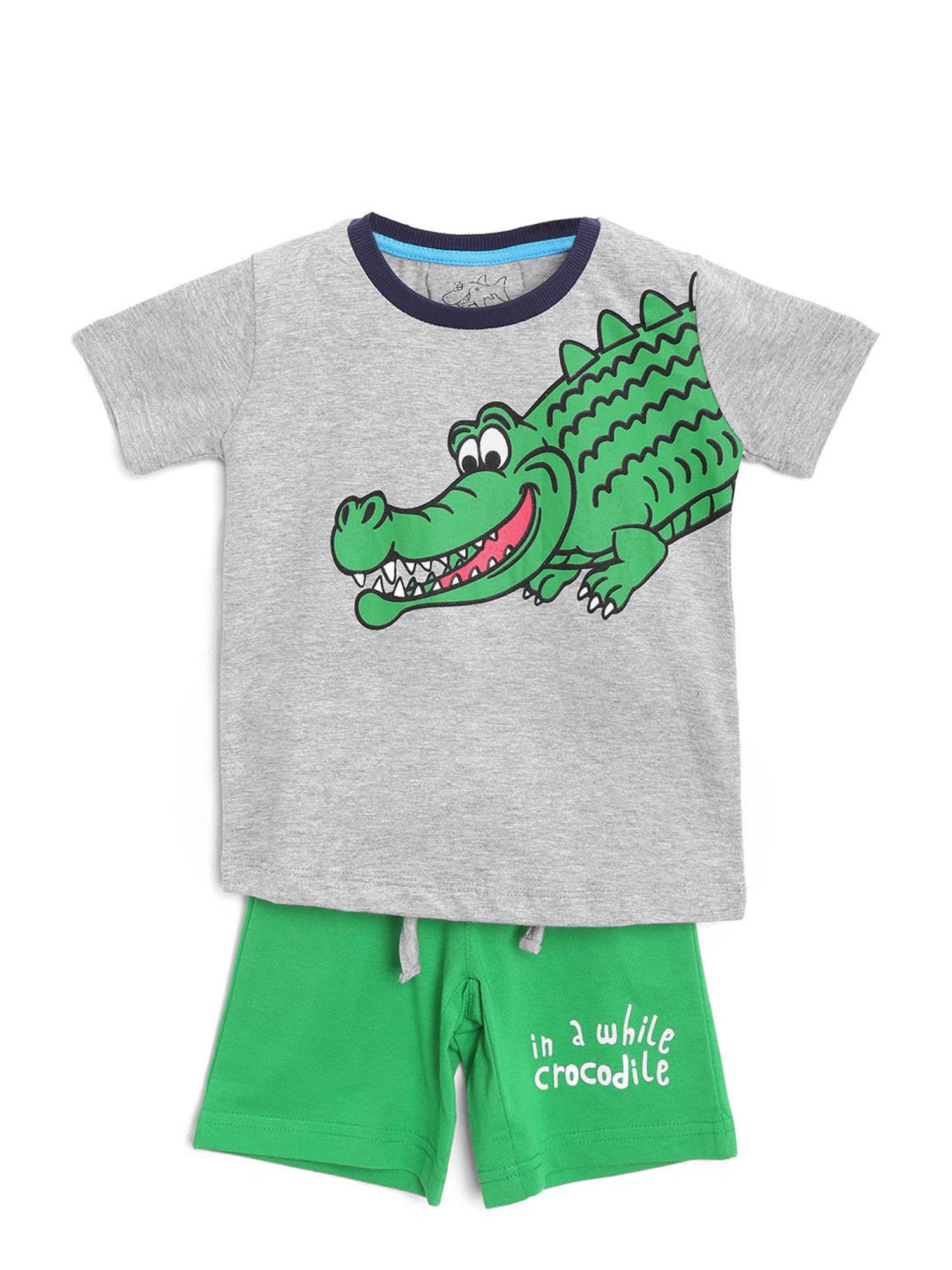 Lazy Shark Kids Grey & Green Printed  T-Shirt with  Shorts