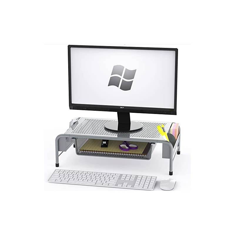 Metal Desk Monitor Stand Riser with Organizer Drawer Silver