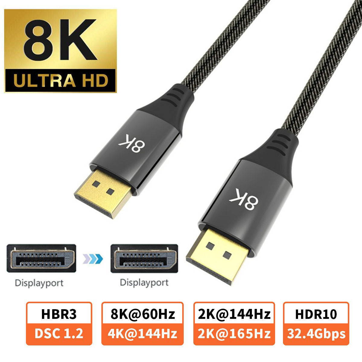 ESTONE DisplayPort 1.4 Cable 16.4ft [4K@144Hz, 8K@60Hz] Braided High Speed DisplayPort Cable, HBR3, 32.4Gbps, HDCP 2.2, DSC 1.2, HDR, Compatible with Gaming Monitor - Slim Aluminum Shell, Black