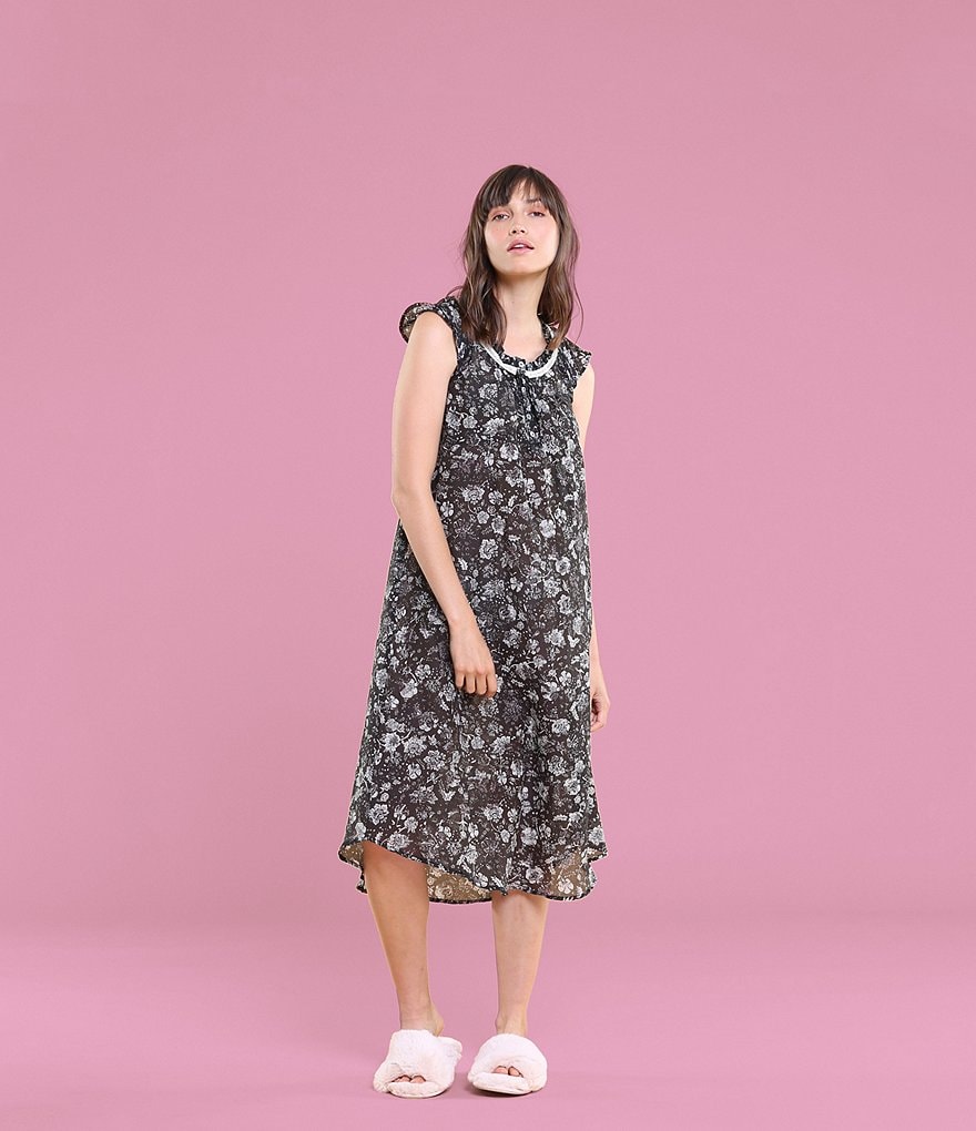 Papinelle Louis Dark Floral Print Woven Flutter Sleeve Nightgown