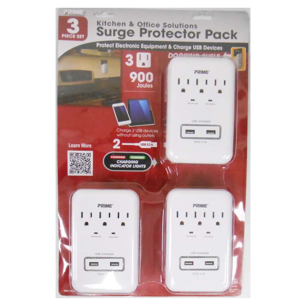 Fuji Labs PRIME Series 3 -Pack 3-Outlet Surge Protector with 2 USB Ports, 3.1A, 900J Protection