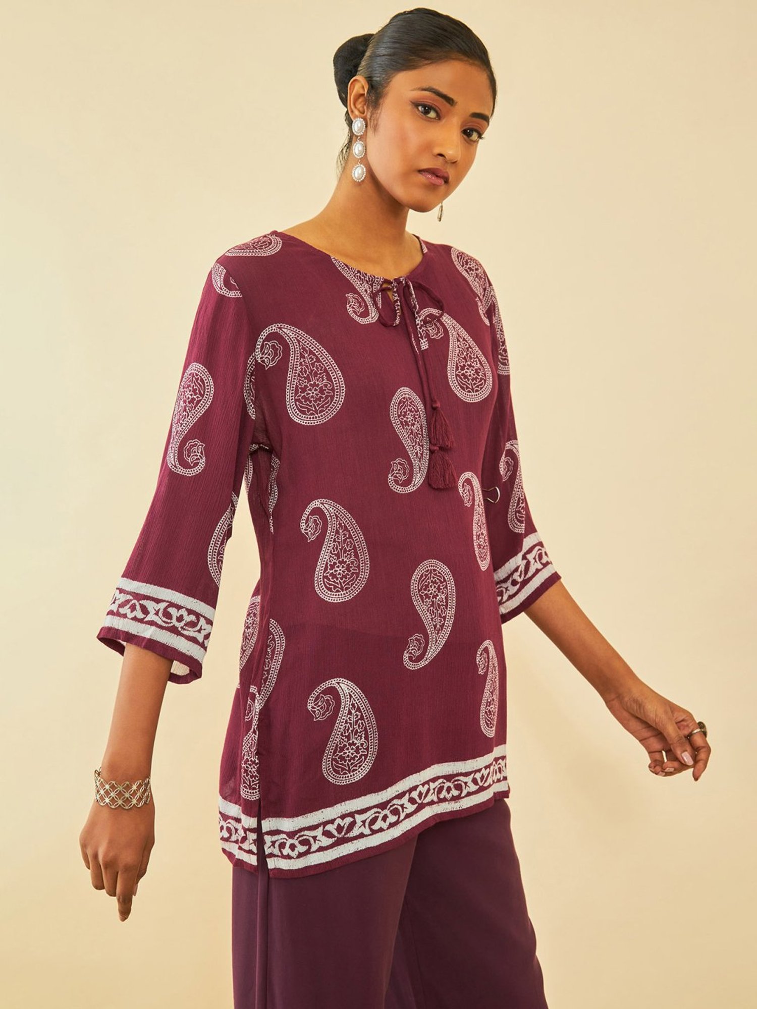 Soch Wine Crepe Paisley Printed Tunic With Tassels
