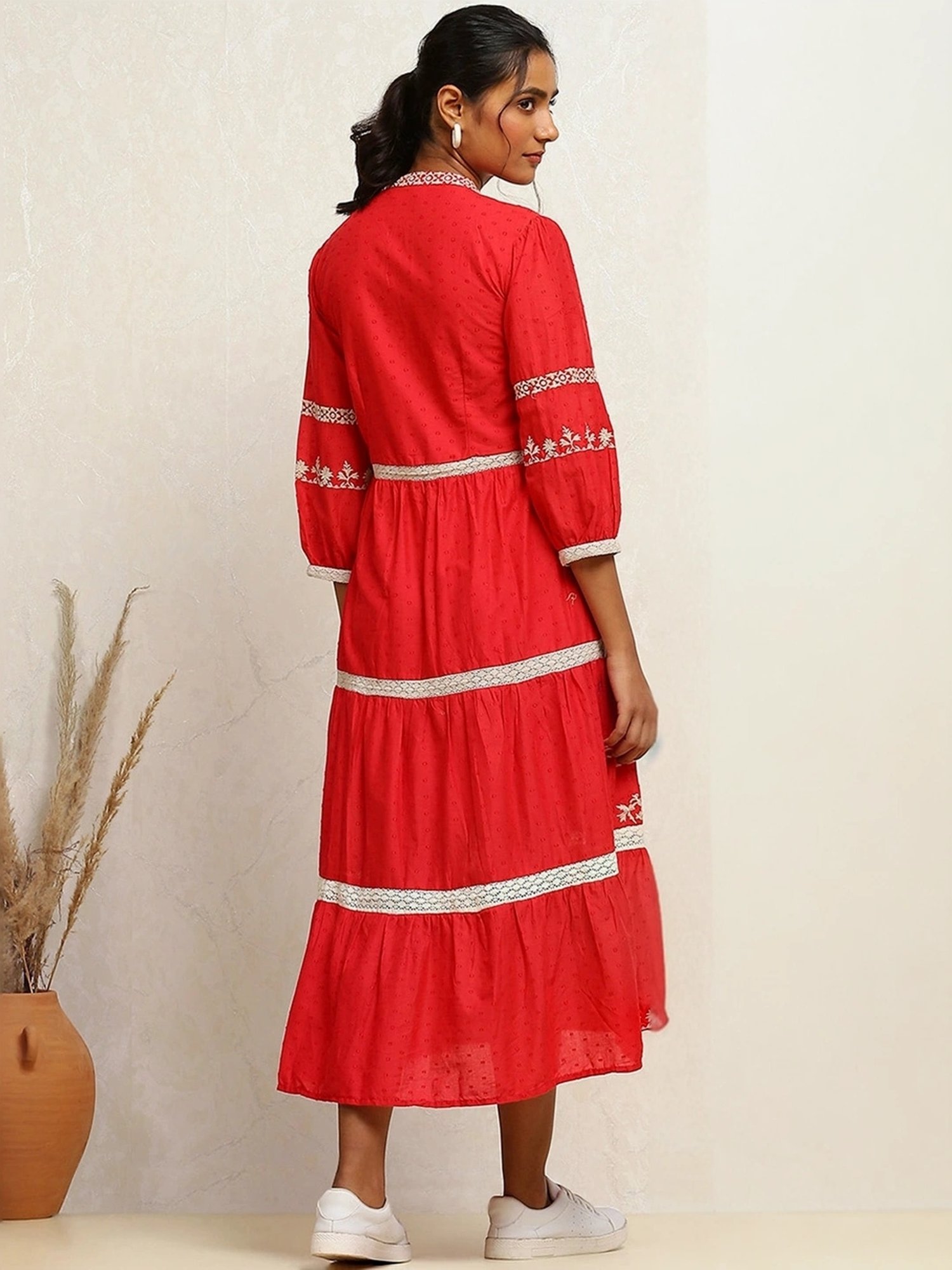 Biba Red Cotton Embroidered A-Line Dress