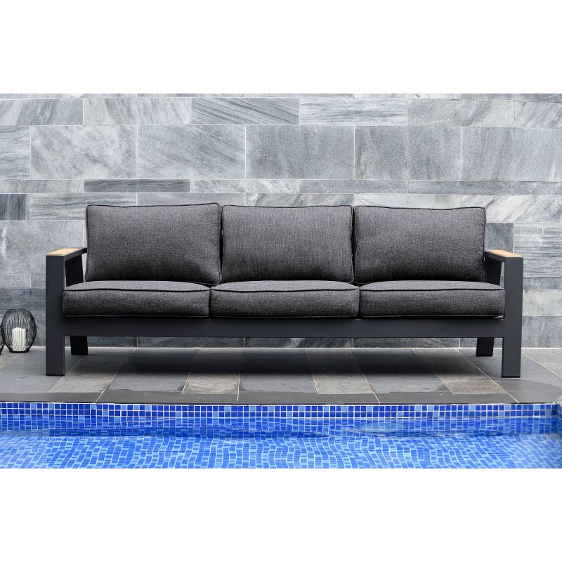 Palau Outdoor Sofa in Dark Gray with Natural Teak Wood Accent and Cushions - Armen Living