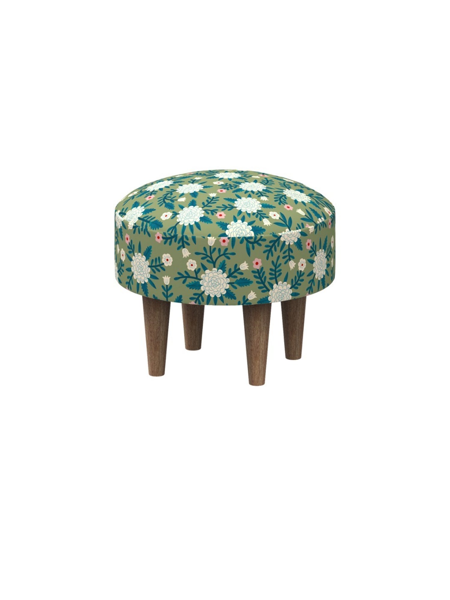 Chumbak Begum Spring Marigold Floral Green Wood Foot Rest Ottoman