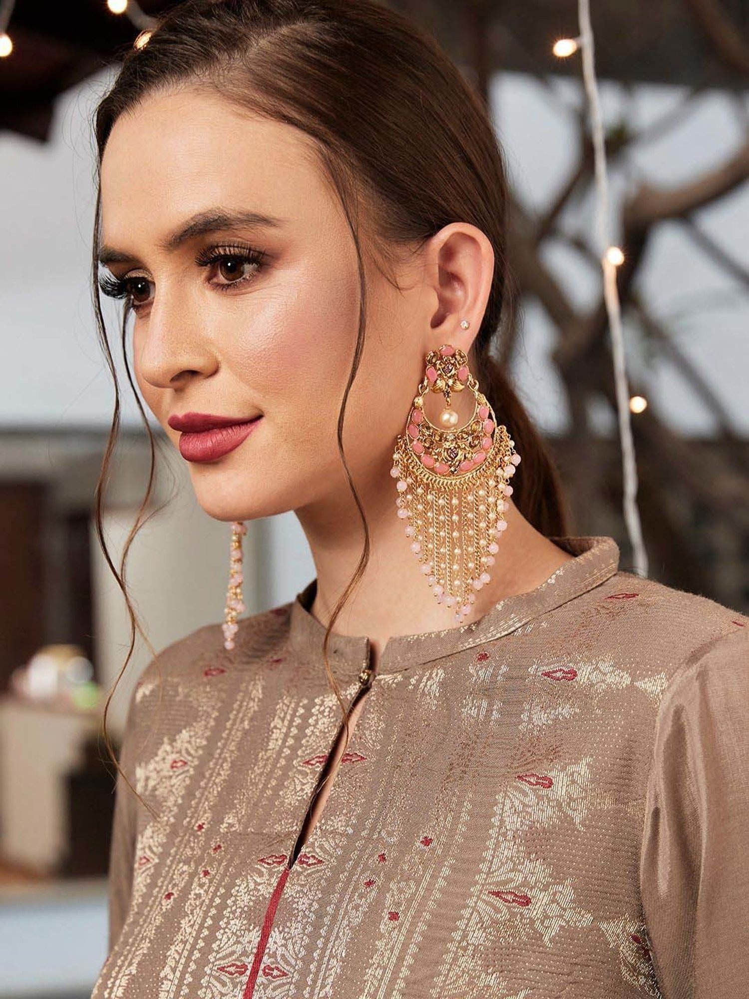 Panash Gold-Plated & Pink Handcrafted Crescent Shaped Embellished Dangler Earrings