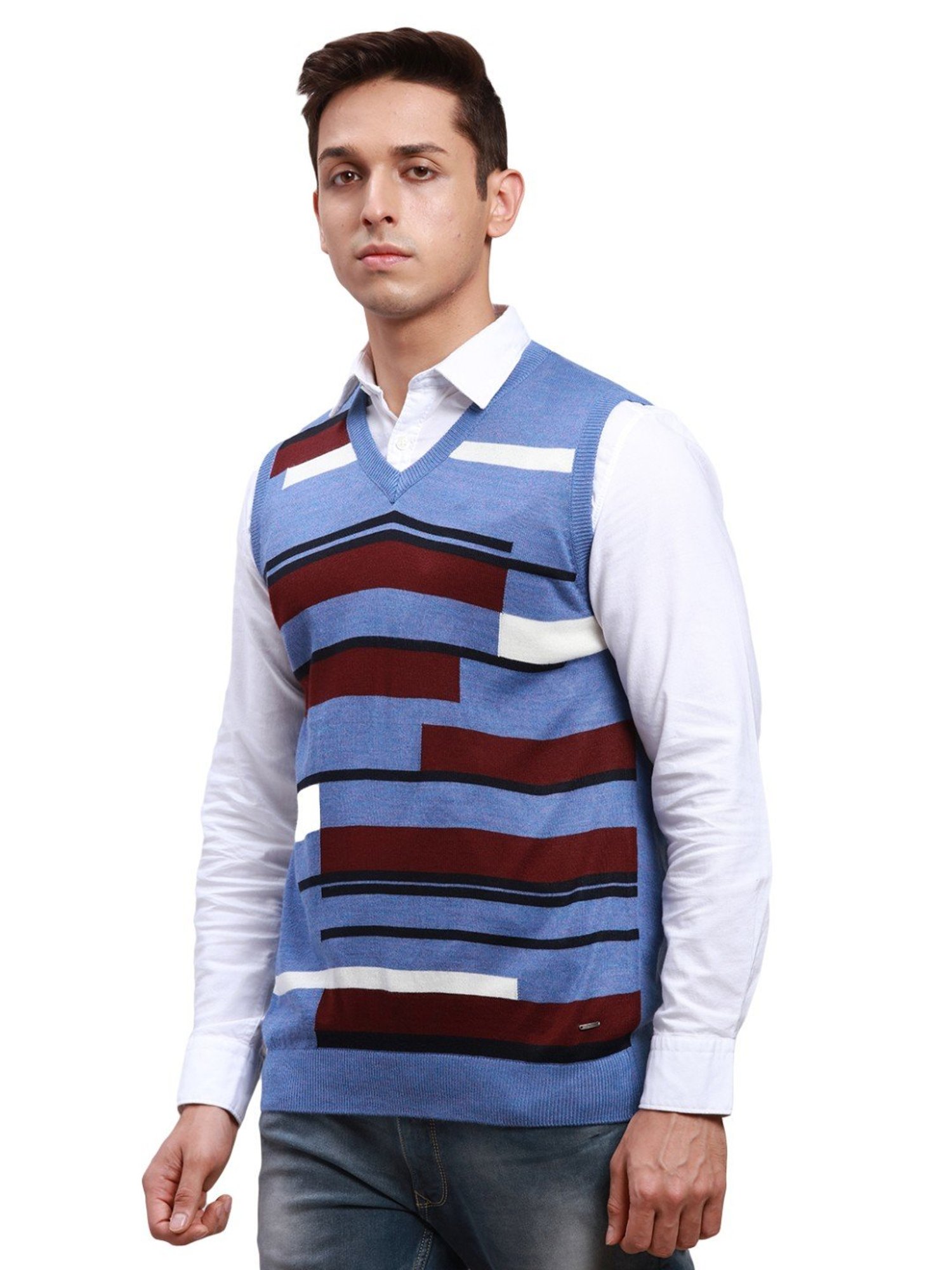 Parx Blue Regular Fit Self Pattern Sweater