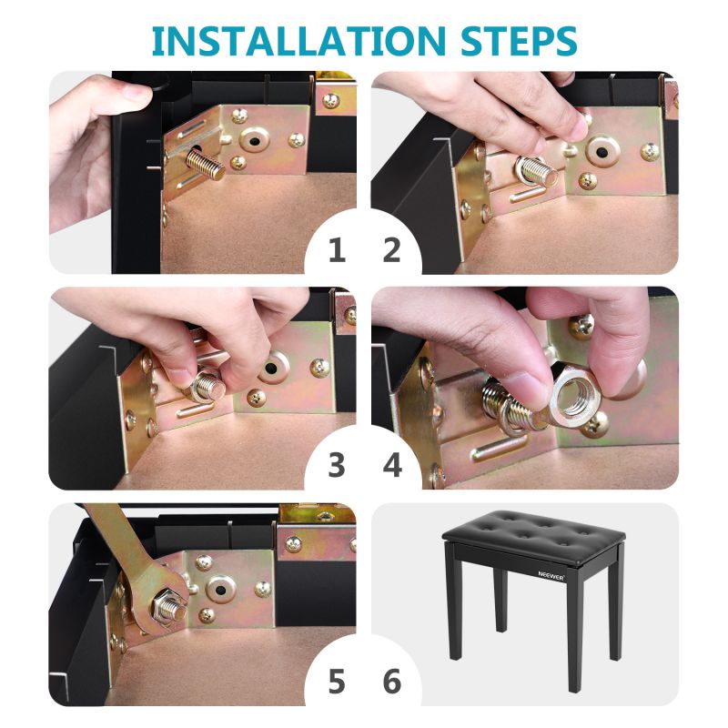 Neewer Wooden Piano Bench Stool with Sheet Music Storage Black Solo Seat PU Leather Cushion, Solid Hard Wood Construction DX10