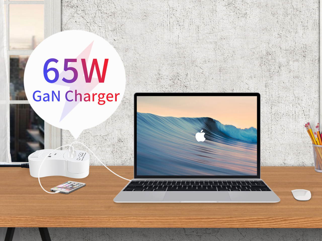 EDu Pivot Smart Power Strip Equip with 65W GaN Charger for Macbook and iphone Fast Charging, Smart Sockets Plug No Hub Required, Ordinary Head Module + Type C + USB Charging Module with Button