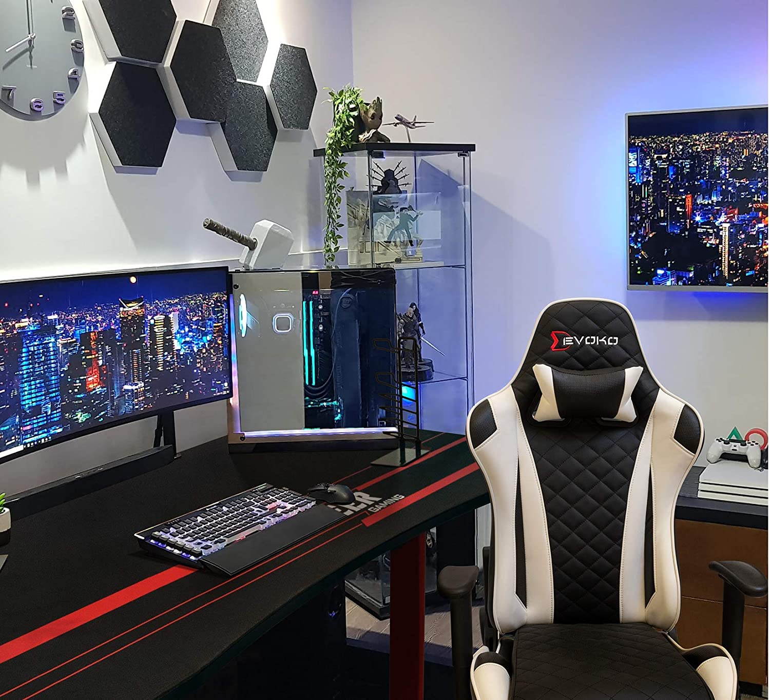 Devoko 55 Inch Gaming Desk T-Shaped PC Computer Table with Free Mouse Pad Carbon Fibre Surface Home Office Desk Gamer Table with Game Handle Rack Headphone Hook and Cup Holder (Black)