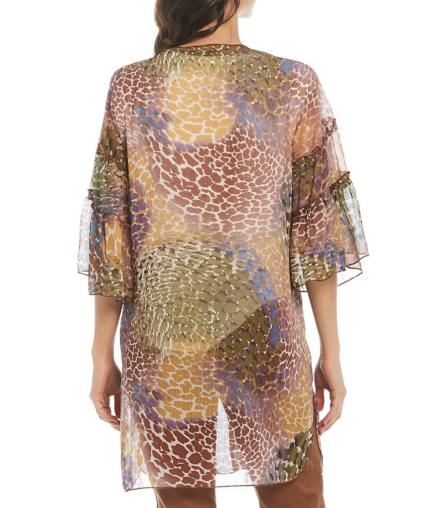 Democracy Giraffe Patchwork Print 3/4 Ruffle Sleeve Open-Front Kimono