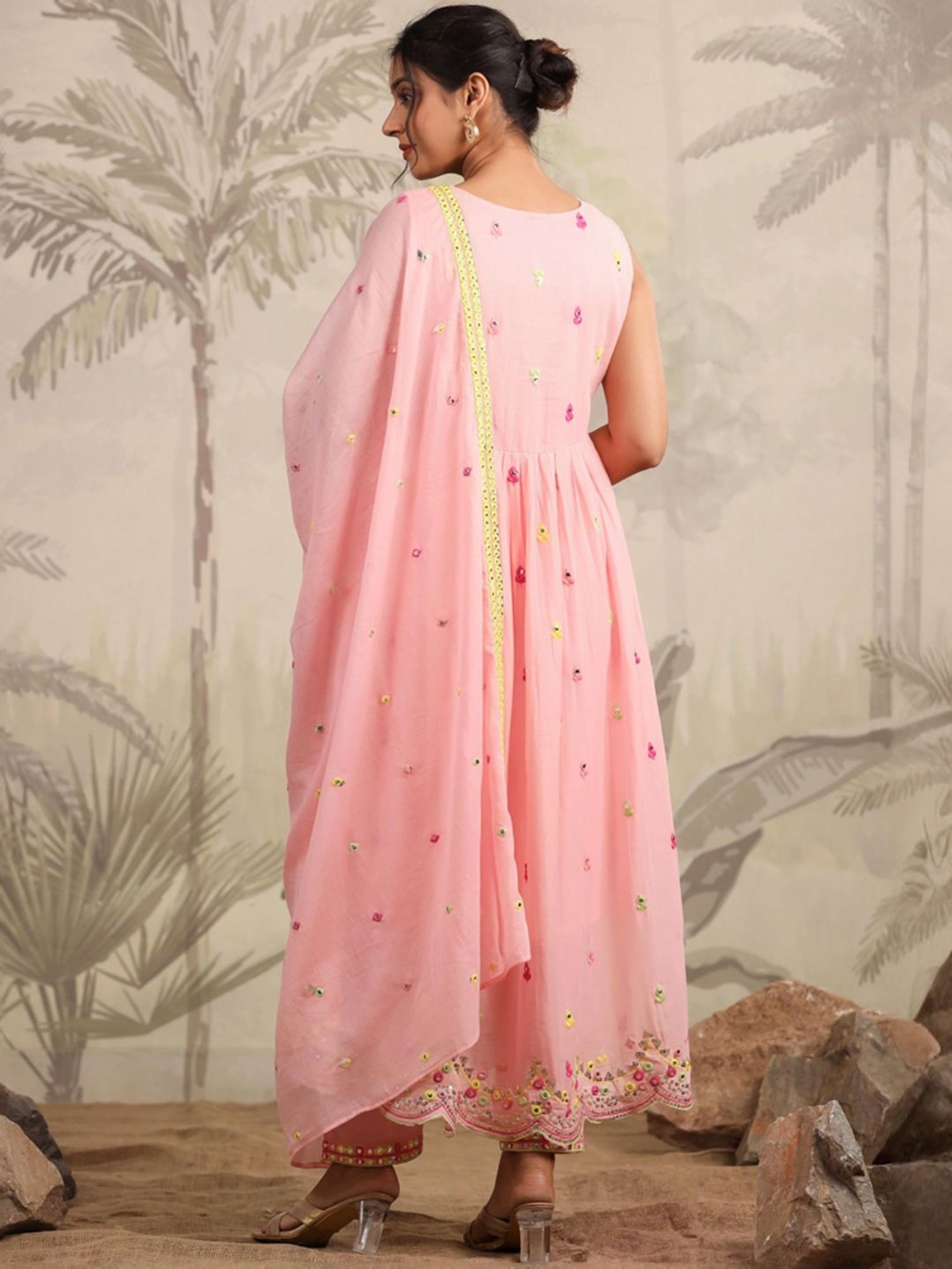 SCAKHI Pink Cotton Embroidered Kurta Pant Set With Dupatta