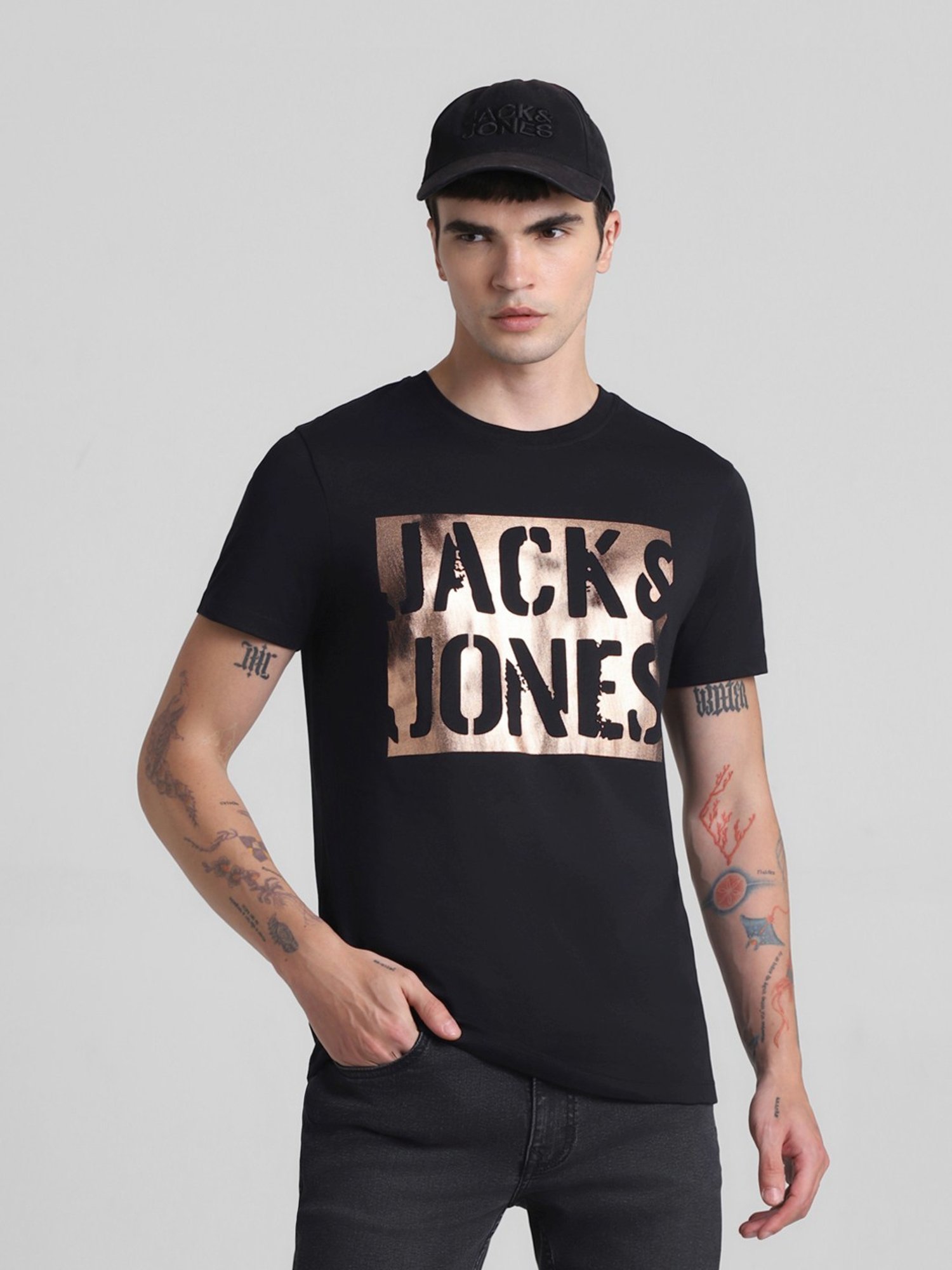 Jack & Jones Jet Black Cotton Slim Fit Printed T-Shirt
