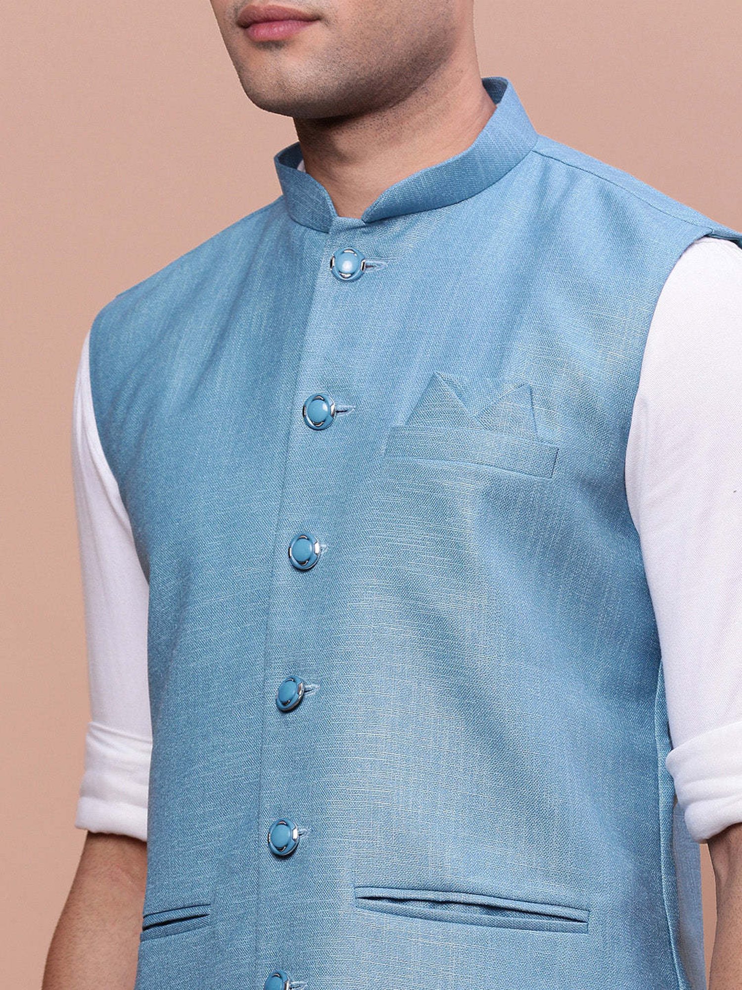 VASTRAMAY Teal Green Regular Fit Printed Nehru Jacket
