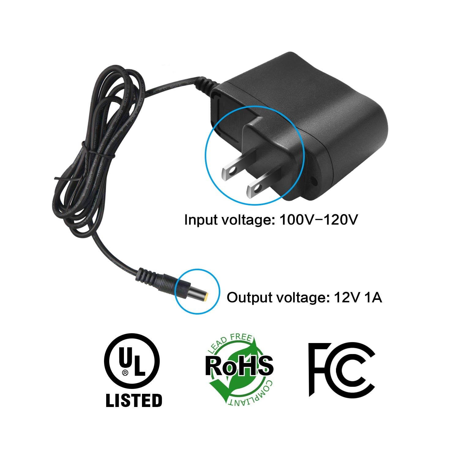 HDView 12V DC 1A 1000mA Power Adapter Supply UL Listed 2.1mm 5.5mm, Power Transformer for Security Camera,110-240V AC Input
