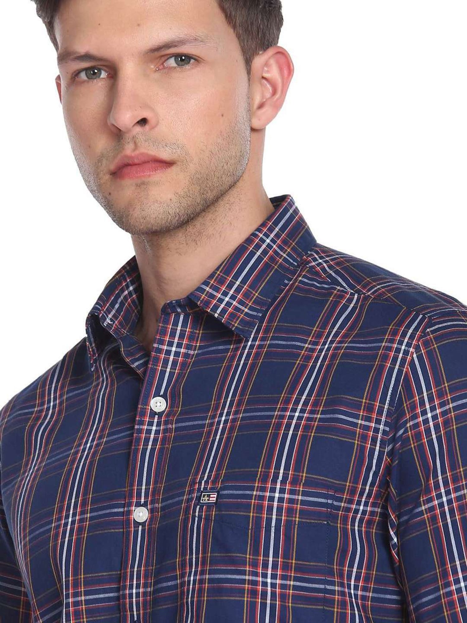 Spykar Blue Cotton Slim Fit Checks Shirt