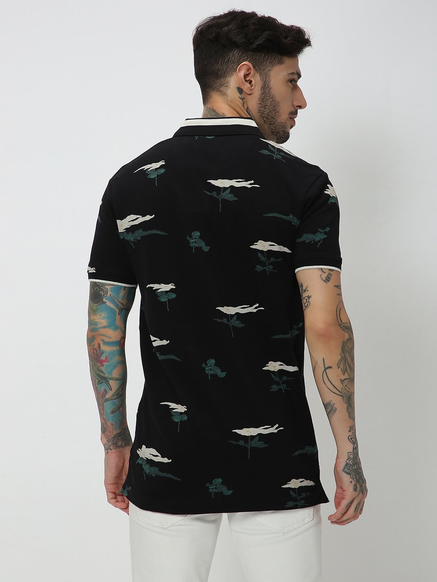 Mufti Black Slim Fit Floral Print Cotton Polo T-Shirt