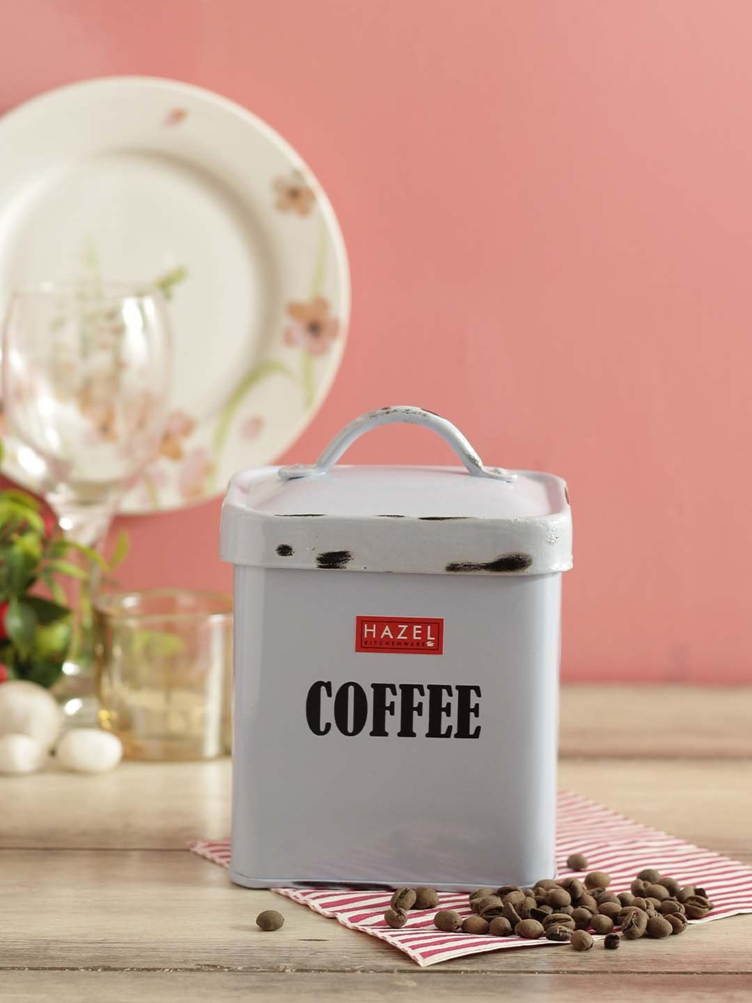 HAZEL Antique Rectangle Coffee Storage Canister Container With Handle, 1150ML, Blue