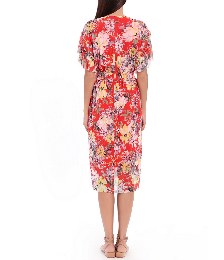 London Times Petite Size Floral Short Sleeve Faux Wrap Hi-Low Dress