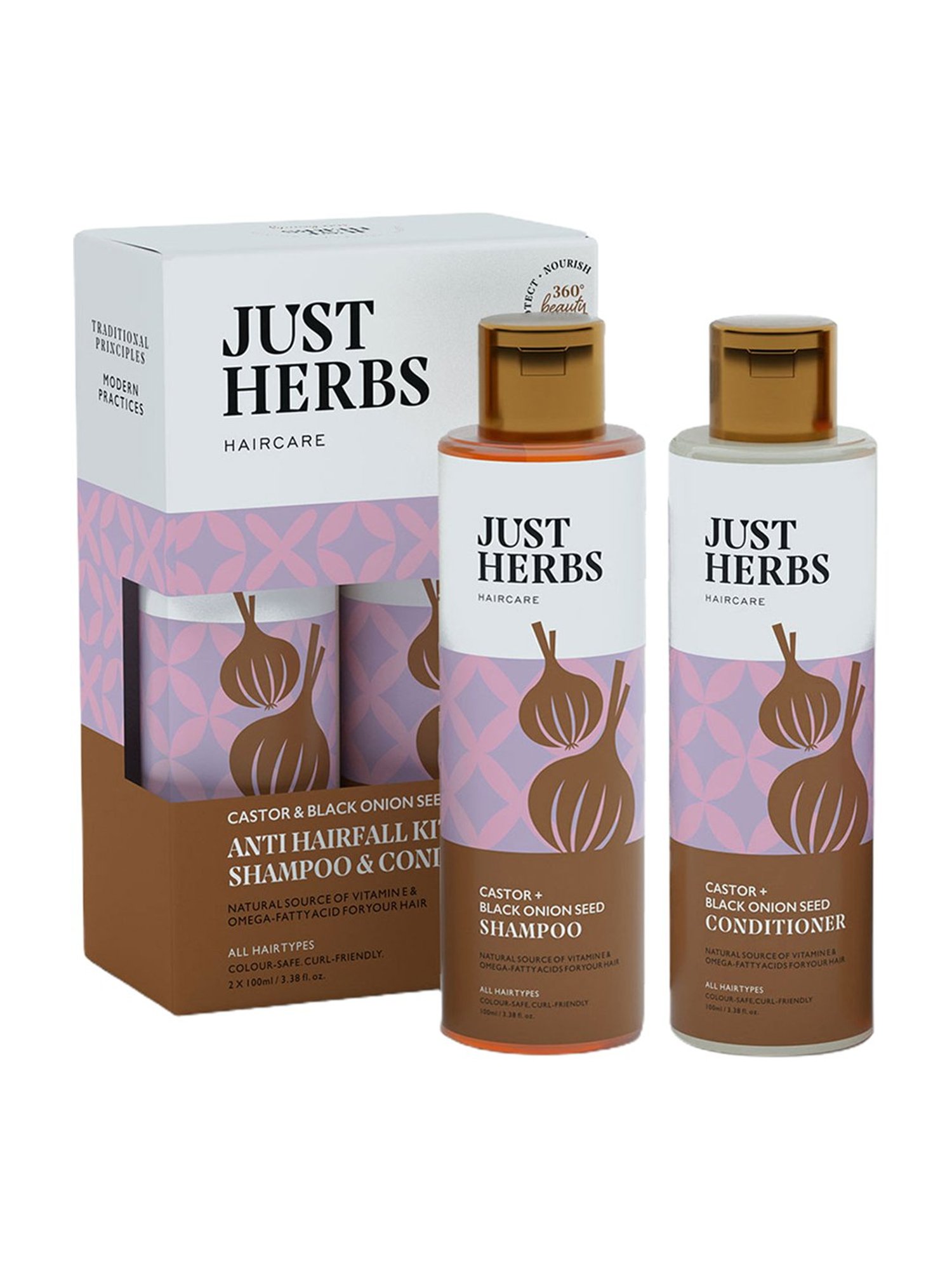 JUST HERBS Castor + Black Onion Seed Anti Hairfall Control Kit, Pack of 2